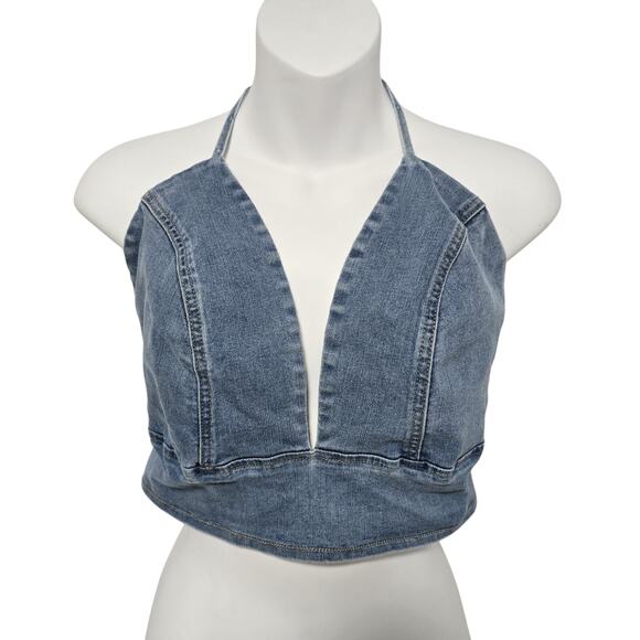 SHEIN Tops - Shein Curve Denim Halter Crop Top Size 3XL Open Back